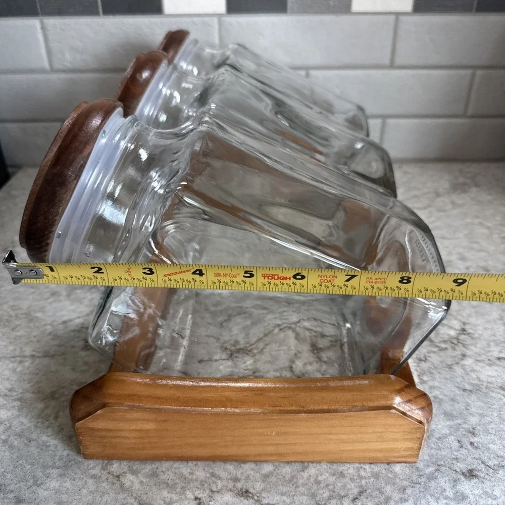 Vtg Glass 3 Canister Set Blue Heart Wood Top Counter Rack Farmhouse Kitchen